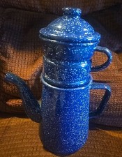 Vintage Blue and White Fleck Enamel Graniteware French Drip Coffee Pot  Camping 