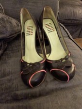 Harlot High Heels Leather Brown PinkStriped Court Pumps Block Shoes UK 5 Exc