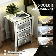 LED Side Cabinet Silver Bedside Table Nitghtstand Mirrored End Table Storage