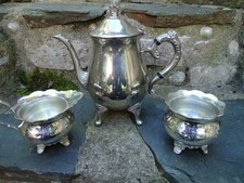 Silver Plated Vintage Antique Style Tea Pot Set With Sugar Bowl & Milk Jug