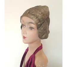 Vintage 1920s Gold Lame Helmet Hat Flapper Cloche Art Deco Headpiece Vamp