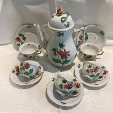 Herend Hungary Coffee Pot  &matching demitasse cups and saucers- Fuchsia & Broom