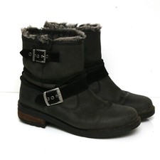Superdry Grey Leather Chunky Biker Faux Fur Trim Ankle Boots Size 8 UK Eur 41