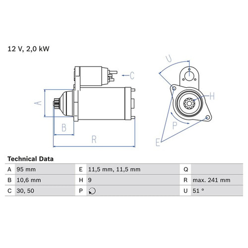 Bosch starter motor 12v 2kw - motor,