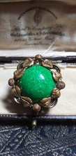 VINTAGE Signed Azub Austria Brasstone Green Peking Glass Cabochon Floral BROOCH
