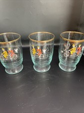 3 X Vtge Mid-Century Novelty Glass Tumblers Gold Rim Enamel Tandem Bicycle 11cm
