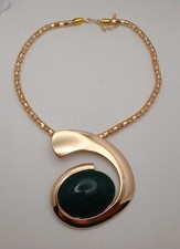 Green & Gold-tone Statement Necklace Large Abstract Pendant On A Thick Chain