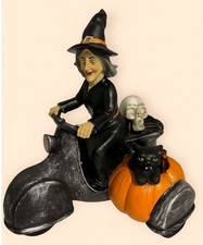 Halloween Witch Riding Motorcycle Scooter Pumpkin Side Car Black Cat Figurine