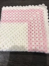 Hand Knitted Crochet Baby Pram Blanket White and Pink New
