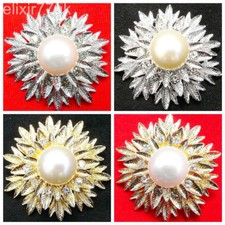 SILVER OR GOLD LEAF FLOWER BOUQUET PEARLS BROOCH DIAMANTE CRYSTAL BROACH WEDDING