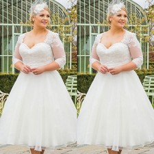 British Wedding Dress Plus Size Tea Length White Ivory Half Sleeves Bridal Gown