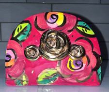 vintage MARY ROSE YOUNG Red Pink Pottery Napkin Holder Roses Leaves Gold Accents