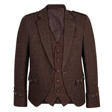 Scottish Brown Tweed Wool Argyle Jacket With Vest Wedding Kilt Jacket For Men's