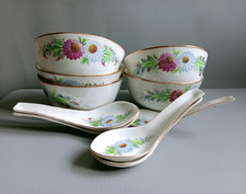 5 Vintage Chinese Soup Bowls and Spoons Flowers Daisies Zhen Mei Jing – Number 2