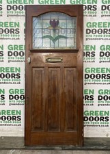1930s LEADED STAINED GLASS FRONT DOOR HARDWOOD WOOD EXTERNAL RECLAIMED ORIGINAL