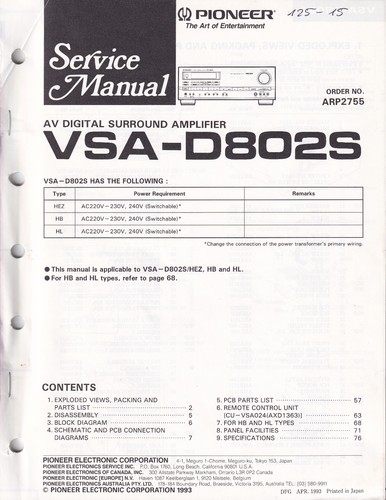 Pioneer vsa d802s service - pioneer,