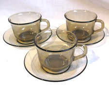 Arcoroc France Vintage Smoked Brown Glass Coffee Cups Mugs and Saucers X3