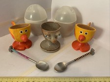 3 Novelty Egg Cups, 2 Microwave Egg Cookers, and 2 Metal Egg Spoons