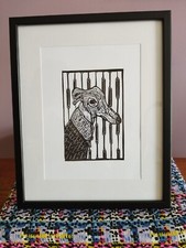 Black Dog Greyhound Lino Print