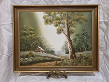 Vintage Signed Oil Painting “B. Roberts” – Rustic Landscape with Cottage –...