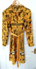 Zara Woman S Mustard Yellow Black Scarf Style Print Shirt Dress Pockets Tie Belt