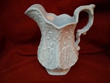 Pale Blue Relief Moulded Jug Knights In Armour Heraldic 16cm Antique Victorian