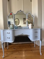 VINTAGE FRENCH LOUIS STYLE DRESSING TABLE hand painted THREE MIRRORS, GLASS TOP