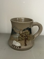 Studio Pottery Mug, Arran Pottery, Decorated With A Tree, Sheep & Clouds.