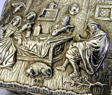STUNNING 174g STERLING SILVER TABLE BOX 1897 ANTIQUE ARCHERY BOWLS PUB SCENES