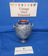 Royal Doulton Lambeth Vase * Gold and White Flowers on Blue * Antique c1890 VGC