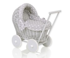 Wicker Dolls Pram Grey Base Grey Polka Firm Bedding