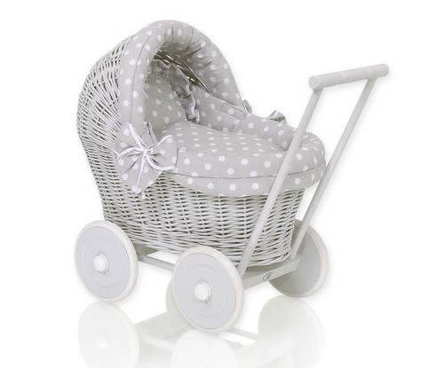 Wicker dolls pram grey base - dolls,