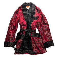 Vintage Oriental Dressing Gown Robe Mens Red Satin Kimono Dragon Lounge Smoking