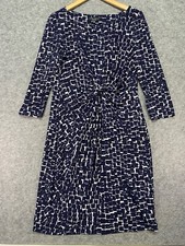 Laura Ashley Size 14 Navy White Tile Ruched Dress 3/4 Sleeves