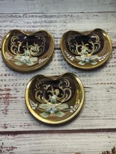 Vtg Set 3 Murano Vimax Hand Painted Art Glass Dishes Cobalt Purple Gold