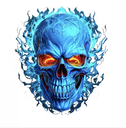 Blue flaming skull decal - x,