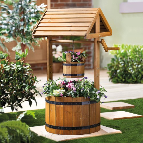 Wooden wishing well planter - wooden,