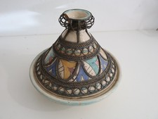 Antique Moroccan Handpainted Ceramic Tagine Lidded Dish Metal Filigree 20cm