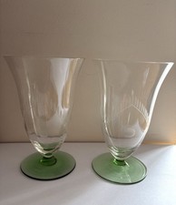 Antique Art Deco Hand Blown Glass Iced Tea / Cocktail Etched Glasses Green Stem