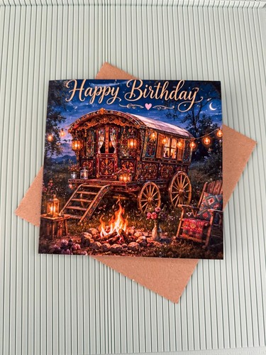 Gypsy wagon birthday card - gypsy, 6x6"