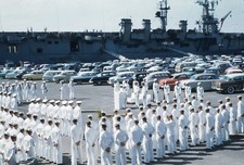 1950's Slide US Navy Sailors Change Command USS Saipan CVL-48 Cars Red Border