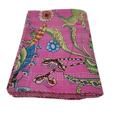 Indian Handmade Kantha Quilt Queen Size Bedspread Cotton Coverlet Bohemian Throw