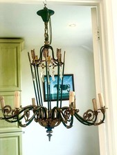 A Gorgeous Vintage French 8 Arm Chandelier Light, Ceiling Light, Green & Gilt