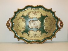 Vintage Italian Florentine Serving Tray Scalloped Edge Oval Green & Gold Gilt