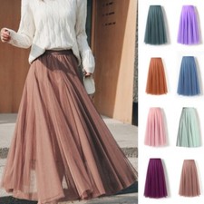 Womens Elastic High Waist Mesh Tulle Tutu Skirts Fancy Net Pleated Long Dress