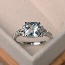 2.95 Ct Cushion Natural Aquamarine & Diamond Anniversary Ring 14k White Gold 8