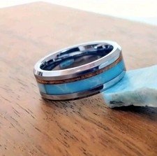 Turquoise Wood Inlay Ring Silver Stainless Steel Unisex Fashion 8mm Size Z1 NEW.