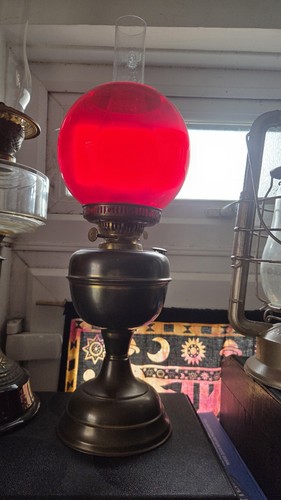 Vintage brass oil lamp red - lamp, w/red