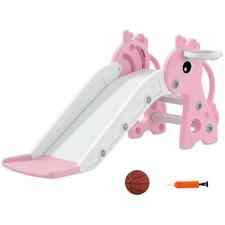 AIYAPLAY 3 in 1 Kids Slide with Climber, Basketball Hoop and Ball, Pink