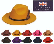 Mens Ladies Hat Fedora Wide Brim Feather Adjustable Band Wool Felt One Size NEW
